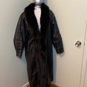 Black Fur Trim Leather Long Coat - Women's
